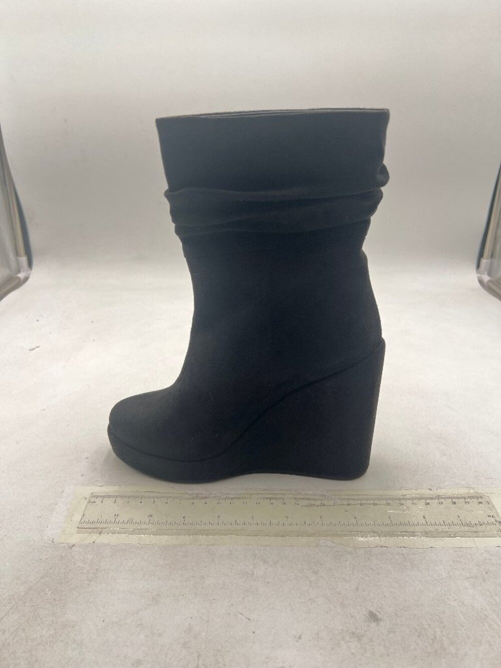 Black Women Fashion Wedge High Heel Ankle Boots Elastic Pull On Round Toe Bootie